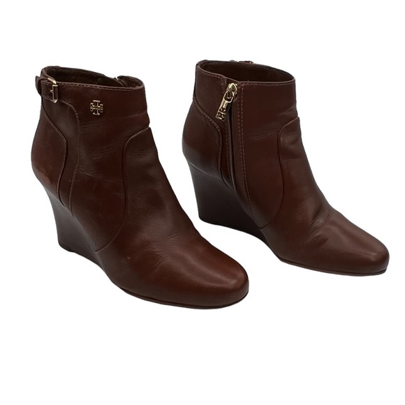 Tory Burch Brown Leather Milan Wedge Ankle Boots Size 6 Women’s - Picture 1 of 12
